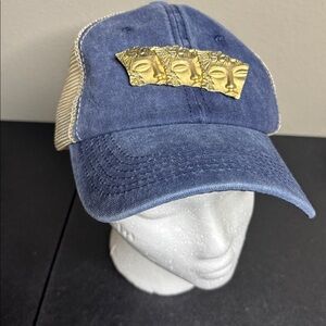Denim Trucker Cap w/ Vintage JJ Jonette Three Face Signed Brooch Adjustable